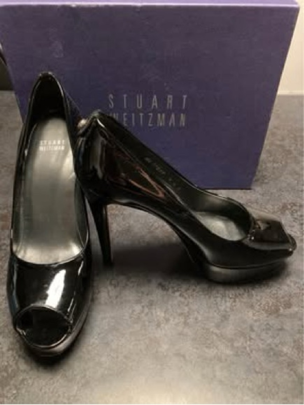 Stuart Weitzman Black Patent Peep Toe Pumps with Platform